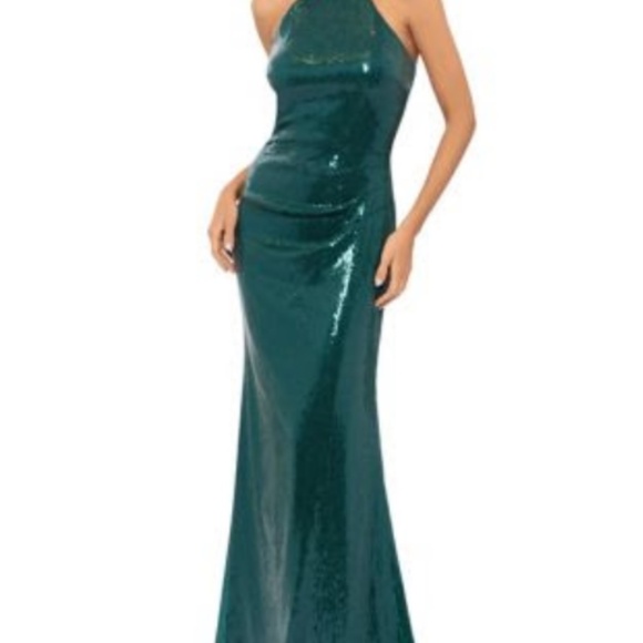 Green formal sequin long halter neck dress. Betsy and Adam